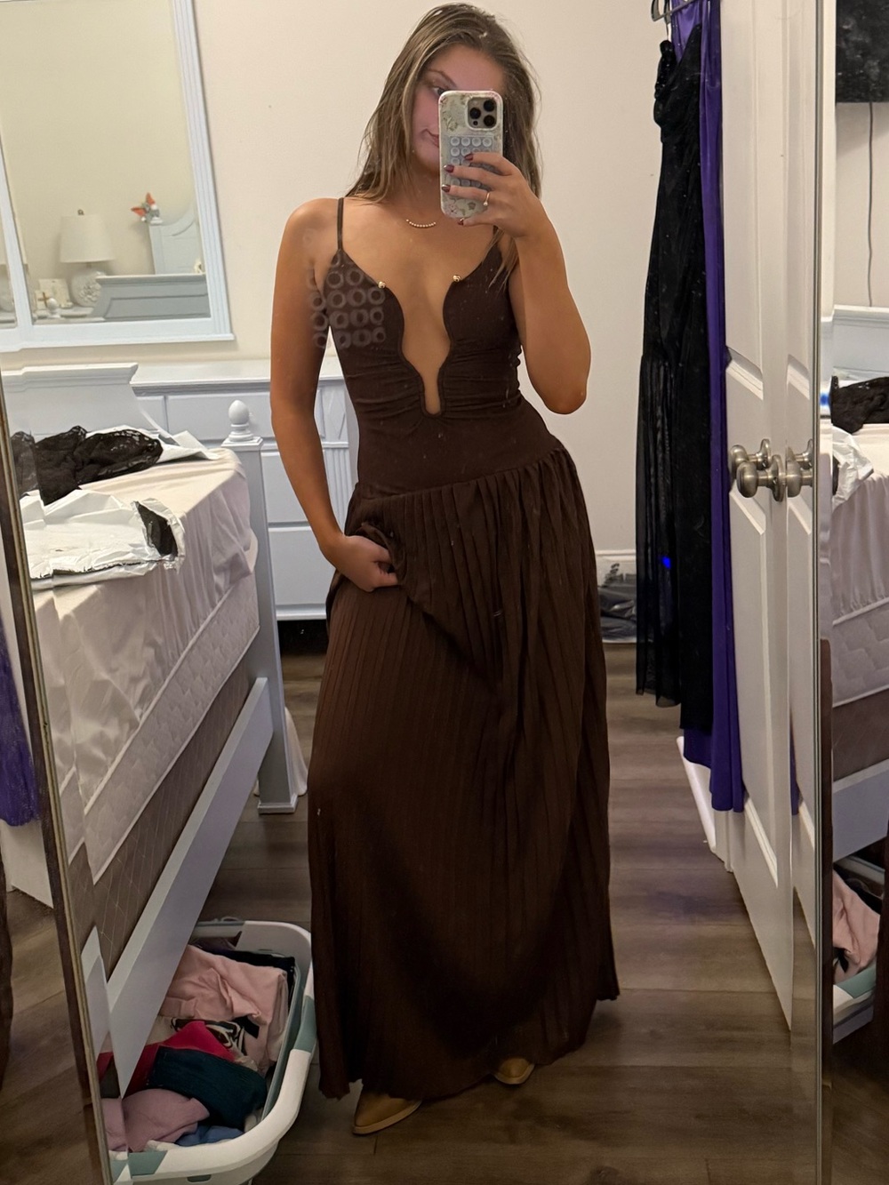 Showpo Low Cut Chocolate Brown Pleated Maxi Dress